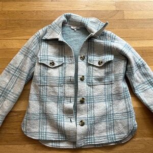 Madewell Boiled Wool Plaid Shirt Jacket Blue White Button Front Pockets Large